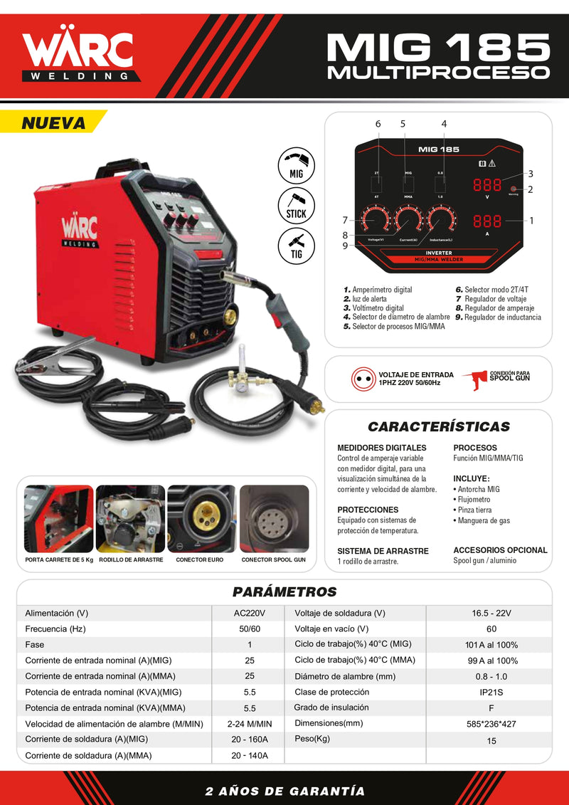 Maquina de soldar WARC MIG185 MULTIPROCESO
