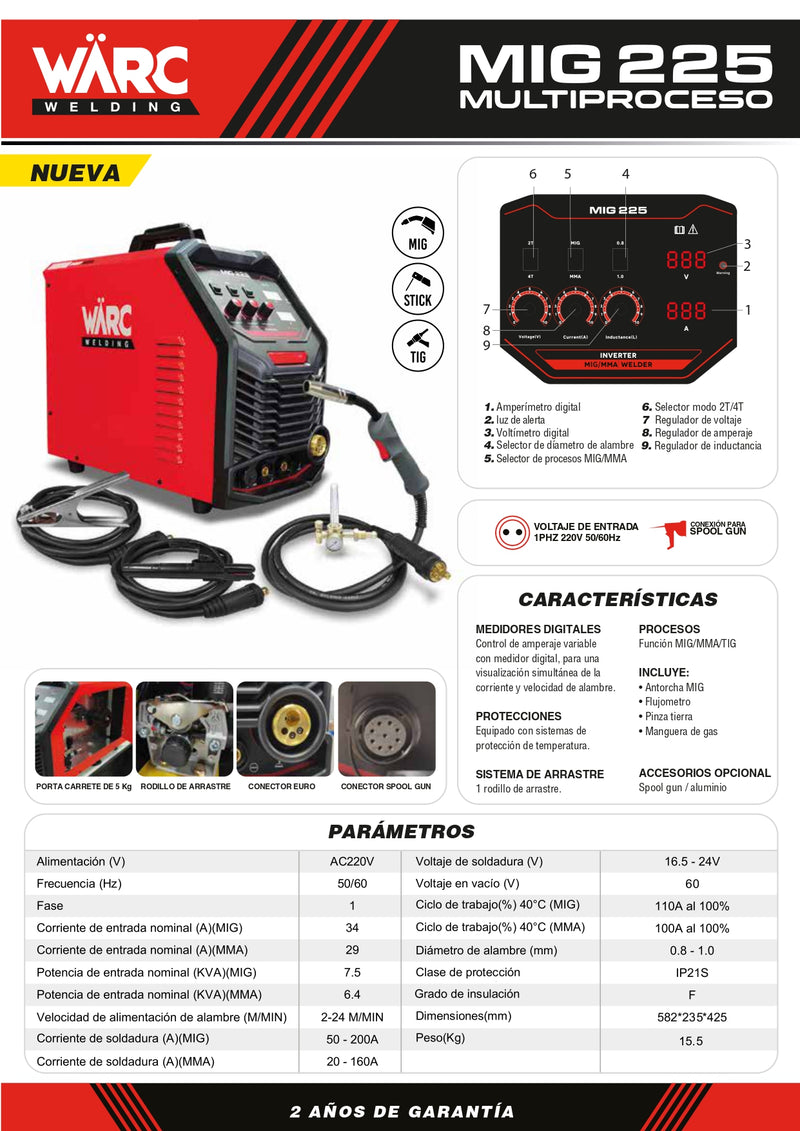 Maquina de soldar WARC MIG225 MULTIPROCESO